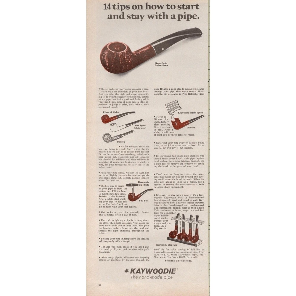 Vintage Kaywoodie Pipe Tobacco Smoking Guide Briar Pipe Wall Art Print Ad 1970